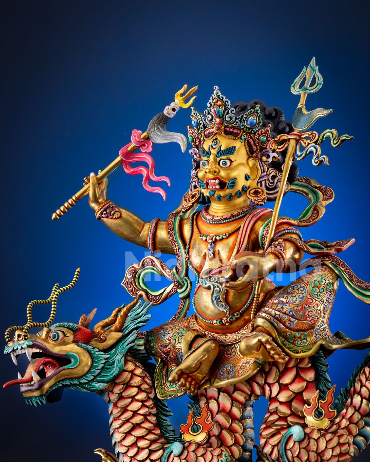 Detail view of White Dzambhala mongoose jewel symbol inexhaustible wealth dharmic abundance sacred Tibetan art