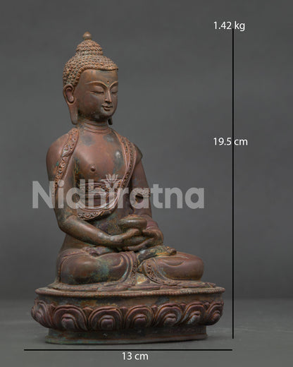 Detailed Amitabha Buddha statue holding patra bowl with antique oxidized finish.