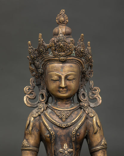 Detailed Amitayus Buddha face with peaceful expression five jewel crown and necklaces.