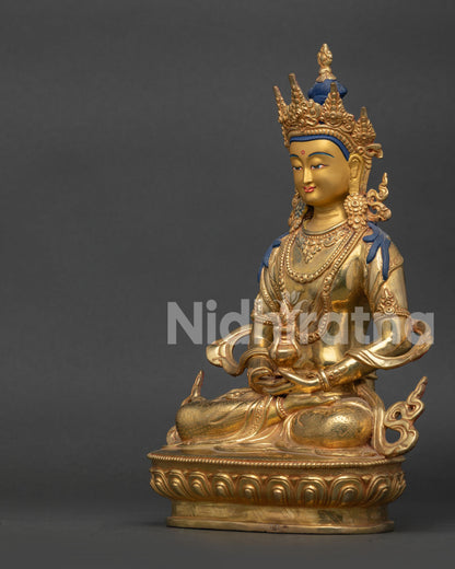 Detailed Amitayus Buddha Statue with hand carved floral motifs and flowing robes.