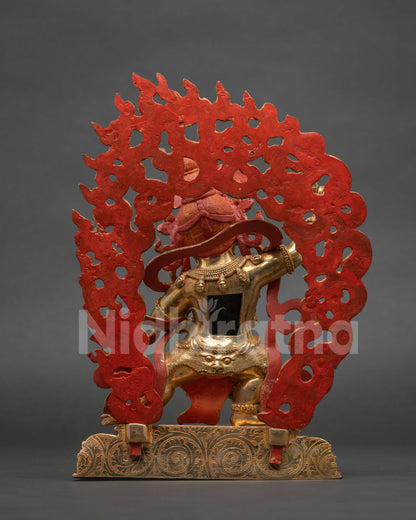 Detailed black manjushri statue with tiger skin garment skullcup garland and skull crown.