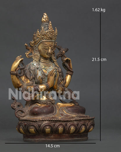 Detailed Chenrezig Statue with serene expression and antique gold fire-gilded finish