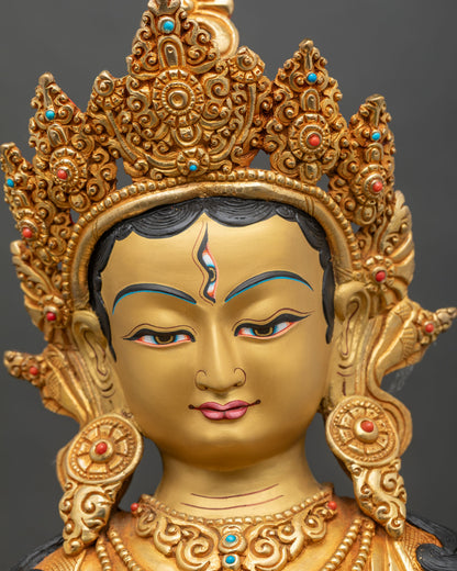 Detailed close-up of Dukar face, gold-painted copper, third eye symbol, compassionate expression