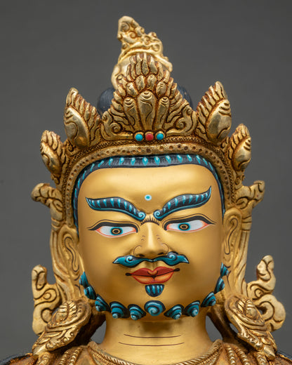 Detailed close-up of Dzambhala statue face, serene expression, gold fire-gilded