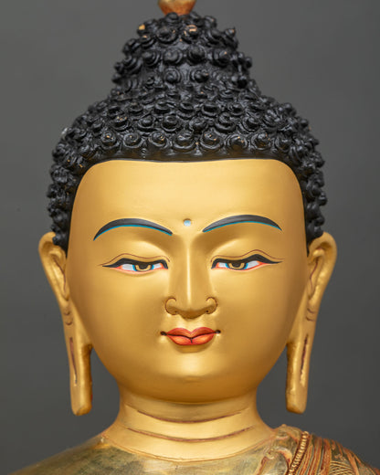 Detailed close-up of Shakyamuni Buddha face, serene expression, 24K gold-painted features