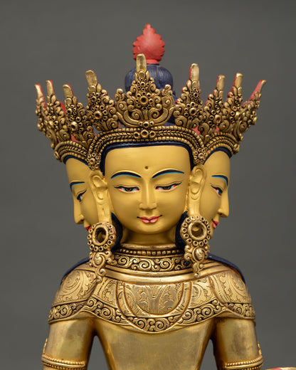 Detailed close up face of vairocana buddha with serene expression, jeweled crown and fine gold finish