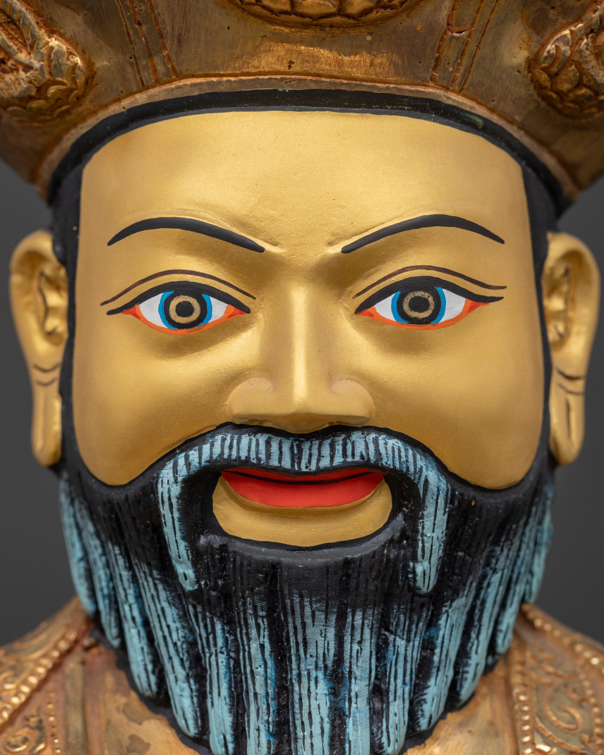 Detailed close up “face” – zhabdrung rinpoche face close up, white beard, gold-painted features, serene tibetan buddhist expression