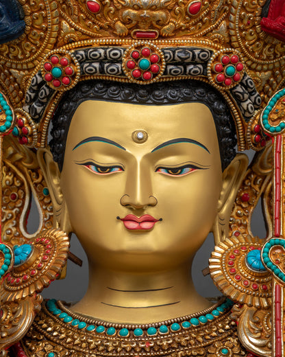 Detailed close up of Jowo Shakyamuni Buddha's serene golden face and crown