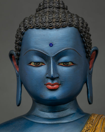 Detailed close up of Akshobhya Buddha statue face with serene expression and blue complexion