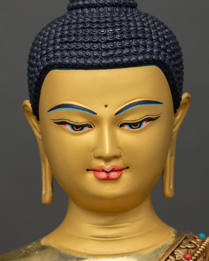detailed close up of amitabha buddha statue face, peaceful expression, gold finish