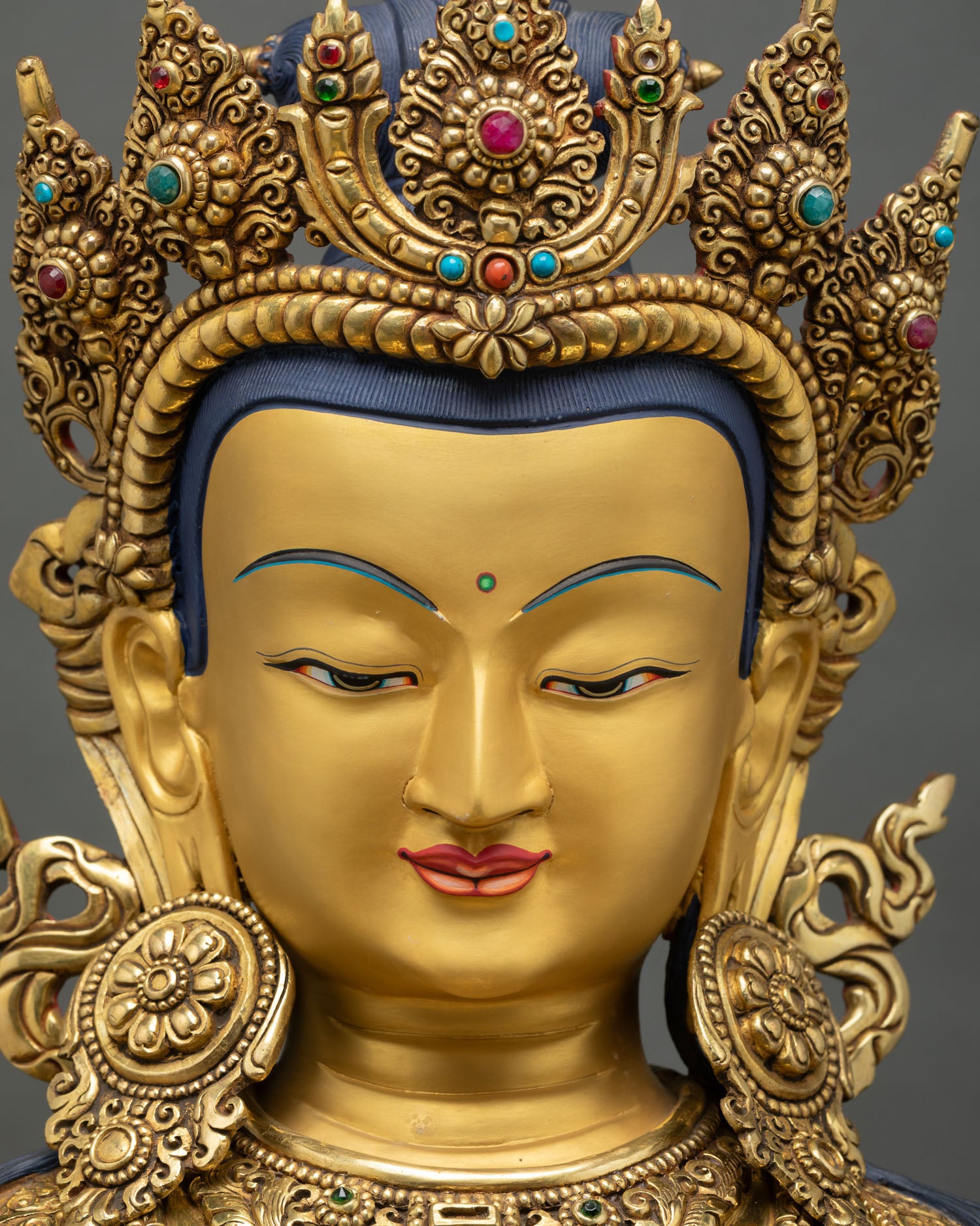 detailed close up of amitayus face, gold painted expression, serene meditative gaze and crown details