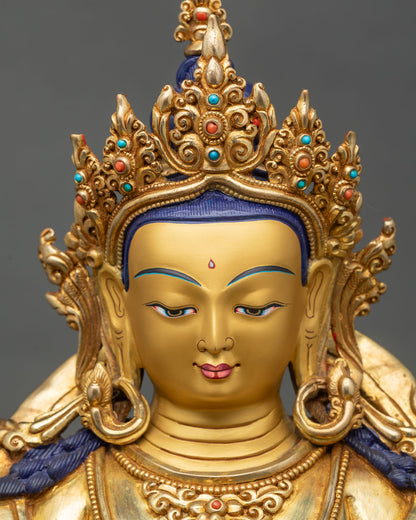Detailed close-up of Chenrezig face, serene expression, hand-carved Nepalese sculpture