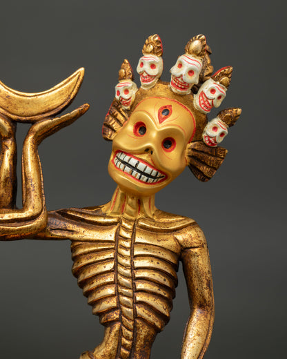Detailed Close Up of Citipati Gold Painted Faces on Handcrafted Copper Buddhist Statue