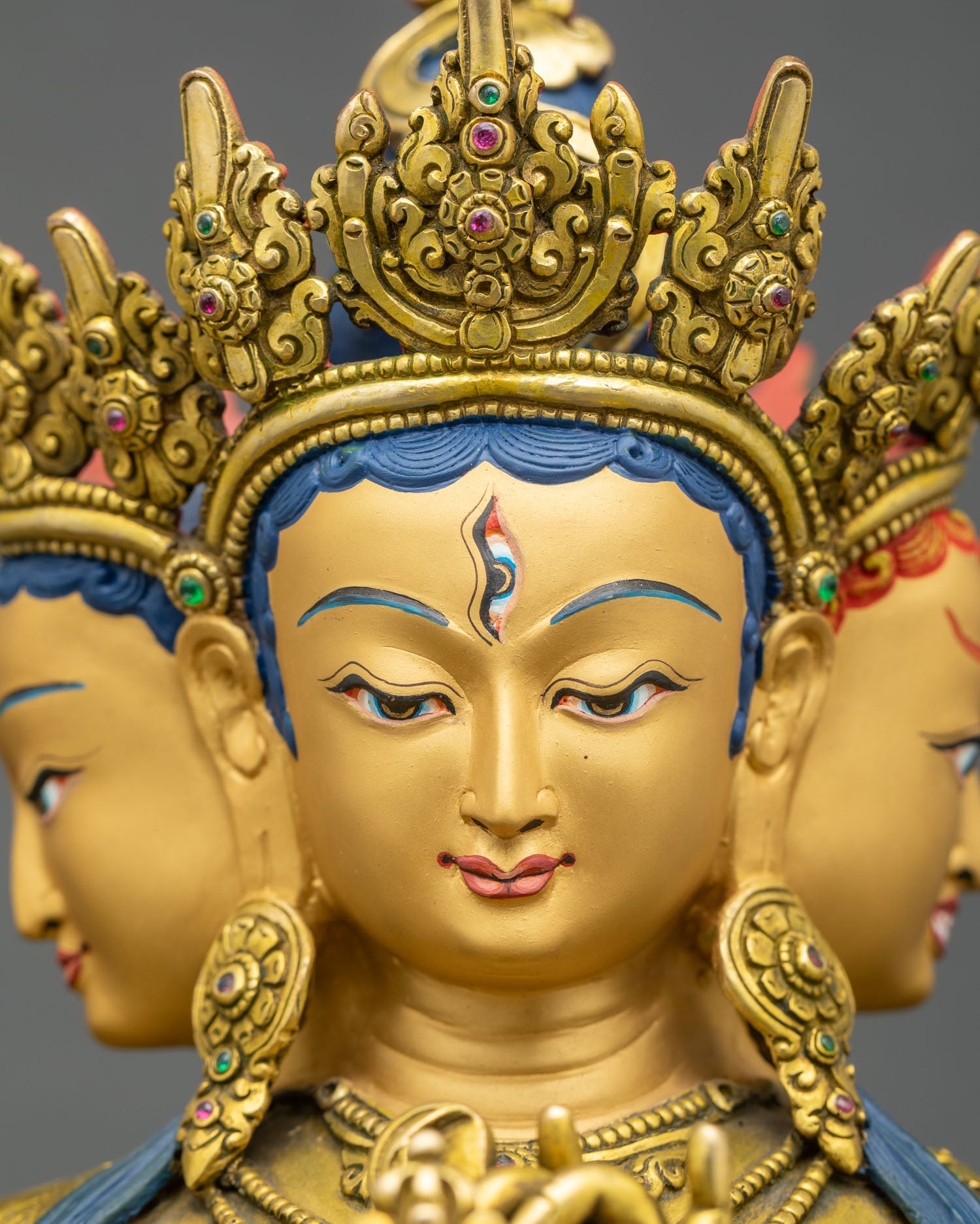 Detailed close-up of Namgyalma face, three-faced Goddess with serene expression
