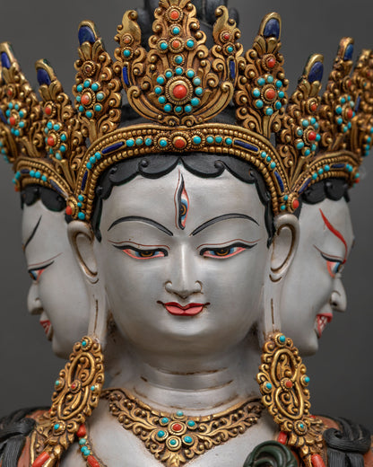 detailed close up of namgyalma three serene faces with gold gilded crown and acrylic painting