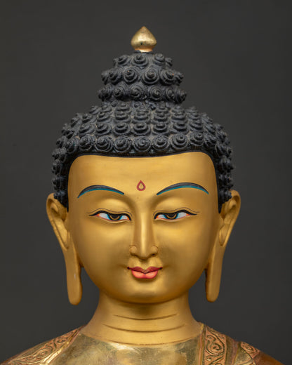 Detailed close-up of Shakyamuni Buddha statue's serene gold face and eyes