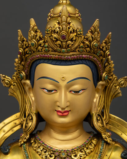Gold Painted Face of Vajrasattva Statue with Jeweled Crown and Compassionate Expression