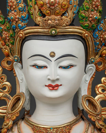 Detailed close-up of Vajrasattva statue's serene white face symbolizing purity