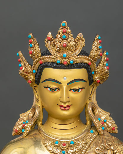 Detailed face close-up of Crowned Shakyamuni Buddha, serene expression with gold finish