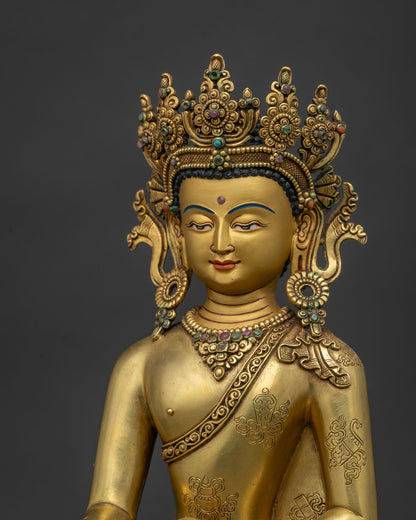 Detailed face close up of Crowned Shakyamuni Buddha with serene gold gilded facial features
