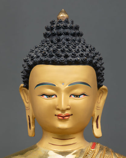 detailed face close up of medicine buddha with gold painted serene expression