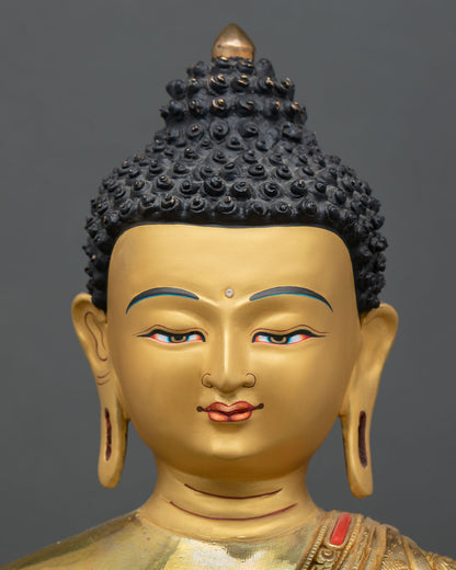 detailed face close up of shakyamuni buddha with ushnisha and serene expression