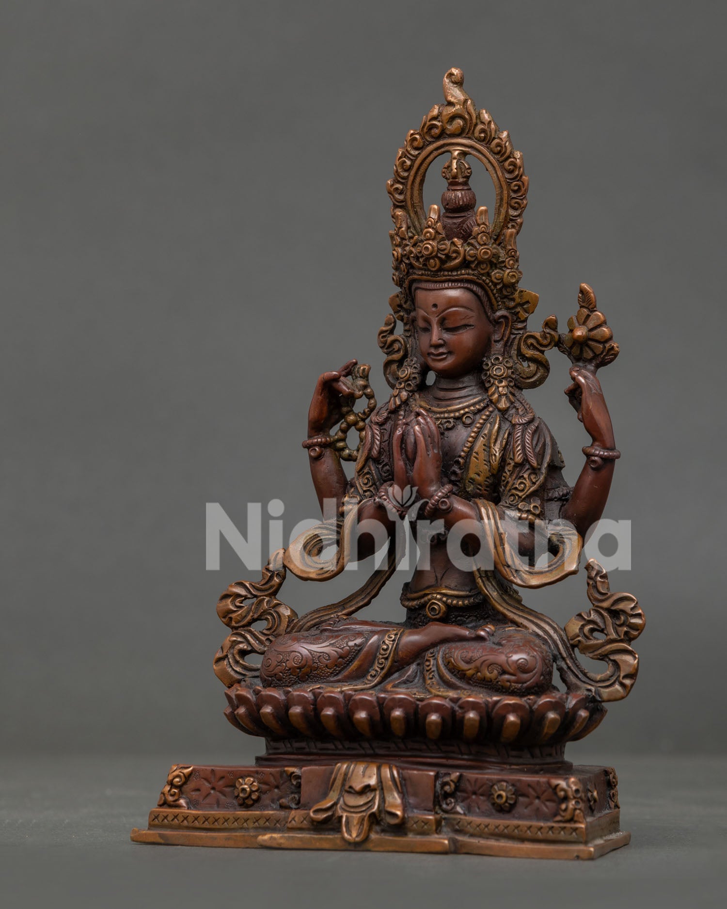 Detailed Four Armed Chenrezig Statue with Anjali Mudra and Wish Fulfilling Jewel.