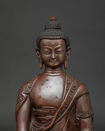 Detailed Shakyamuni Buddha face close up with handcarved floral motif monk robe.