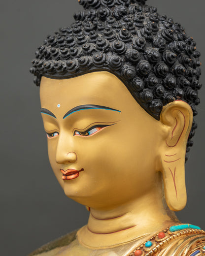 Detailed side close-up of Amitabha Buddha face with semi-precious stones and gold finish