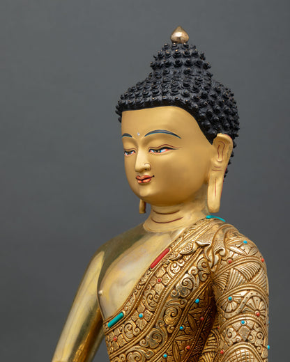 detailed side close up of amitabha buddha statue with 3d carvings and stone inlay
