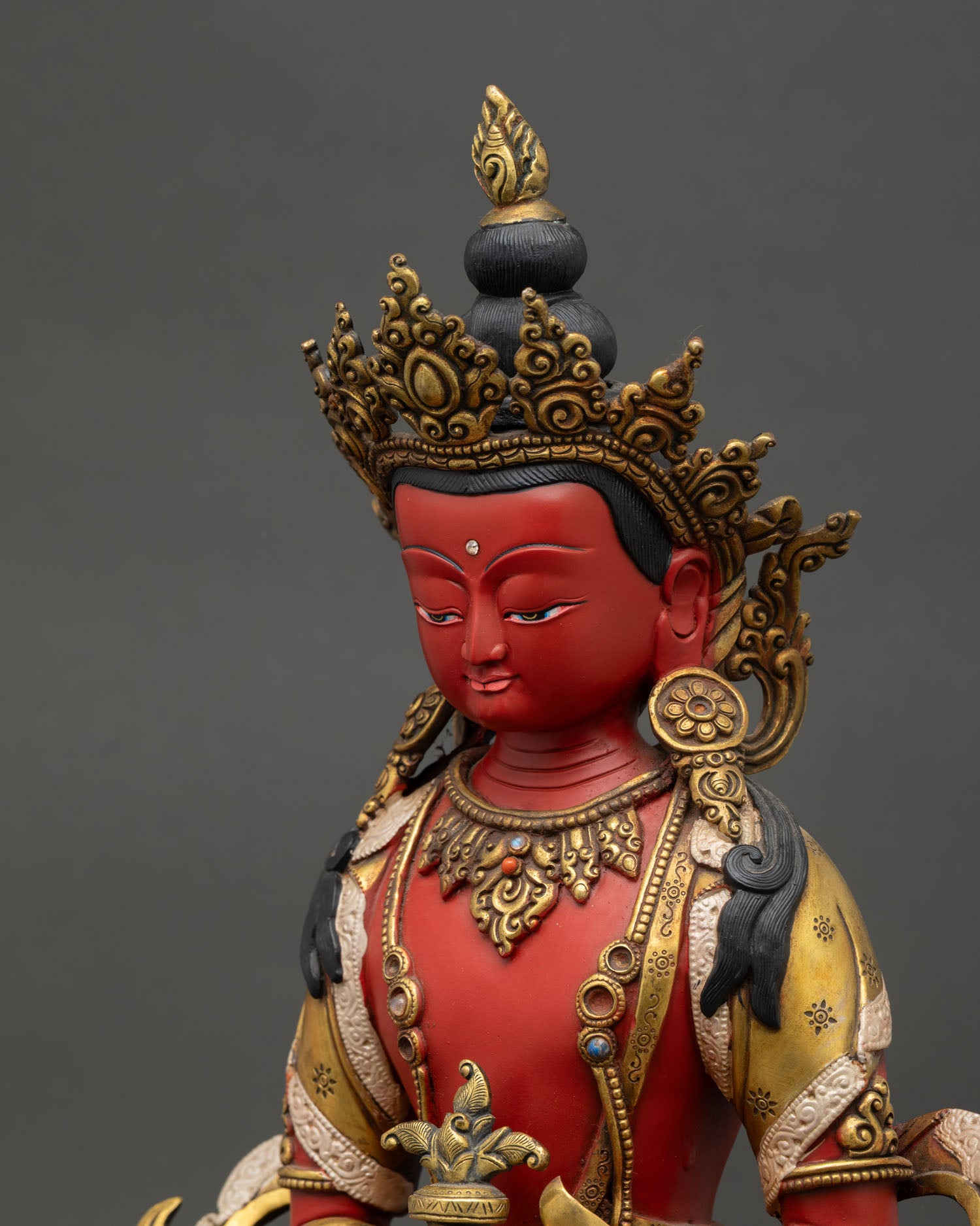 Detailed side close up of Amitayus Statue with jeweled crown Kalasha and hand painted details