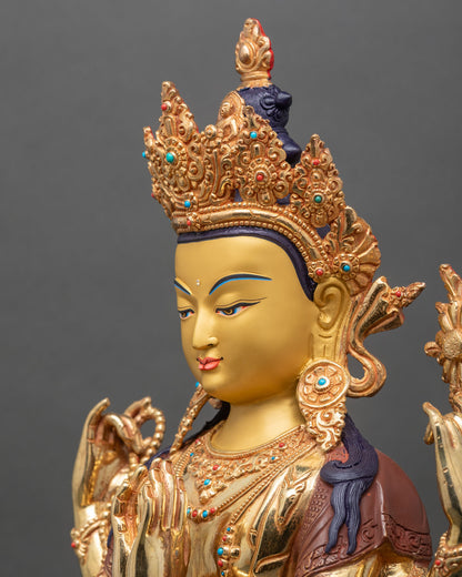 detailed side close up of chenrezig statue with lotus flower and turquoise coral inlays