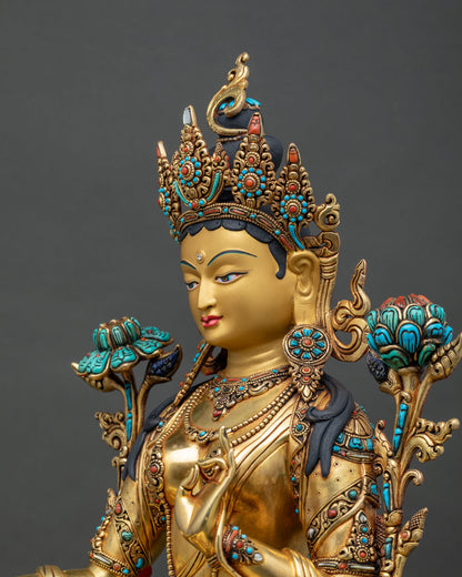 Detailed side close up of Green Tara statue showing turquoise and coral inlay on ornaments and lotus