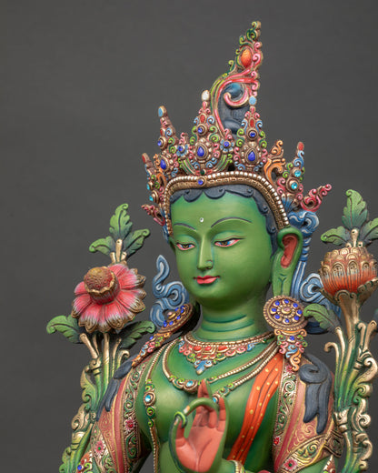 Green Tara Face Close Up with Gold Gilding and Serene Buddhist Expression