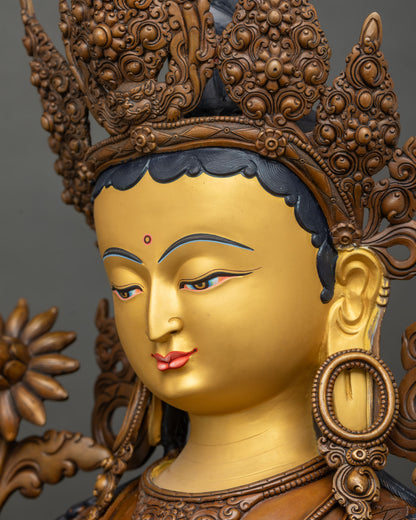Detailed side close-up of Green Tara's face, five-leaf crown, Five Wisdoms of the Buddhas