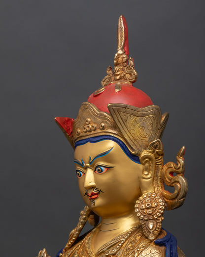 detailed side close-up of guru norlha face showing compassionate expression and crown