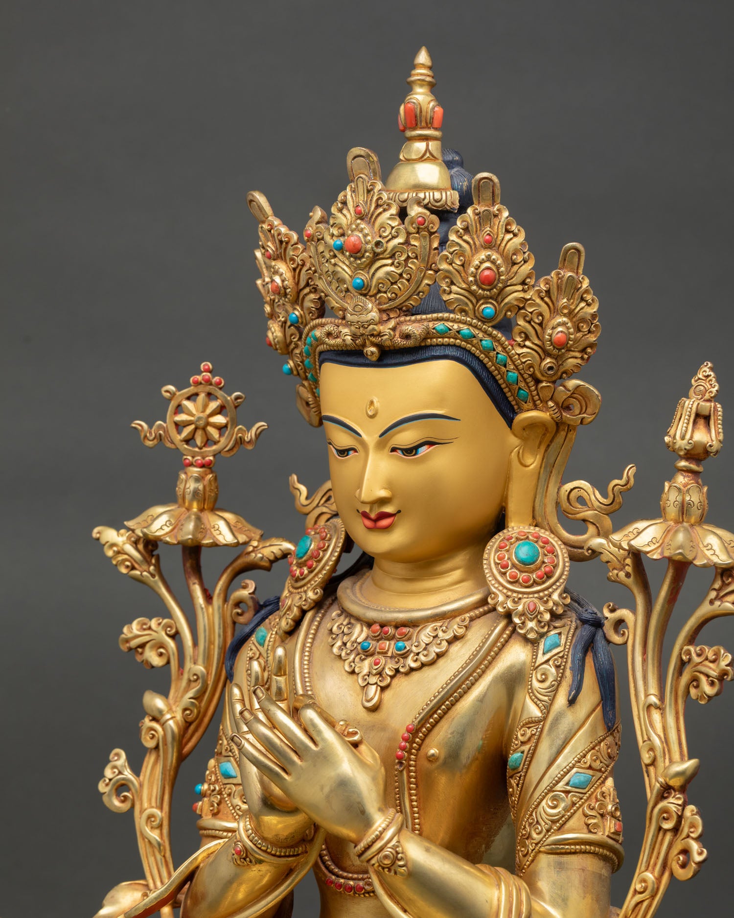 Detailed Side Close Up of Maitreya Buddha Statue with Gold Gilding and Stone Inlay