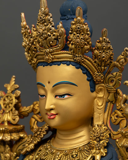 detailed side close up of maitreya statue, throne carvings with naga garuda motifs