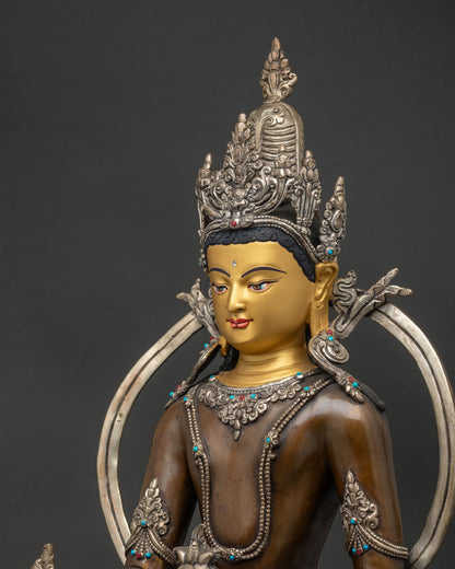 Detailed side close up of Oxidized Medicine Buddha Statue with coral and turquoise ornaments