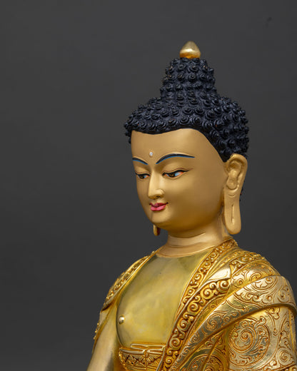 Detailed side close-up of Shakyamuni Buddha statue showing patterned sanghati robe
