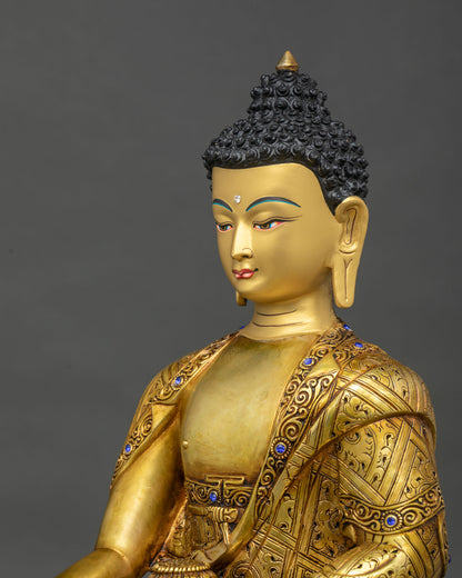 Detailed side close up of Shakyamuni Buddha statue with hand-carved robe and patra bowl from Nepal