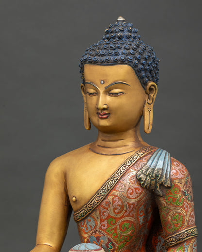 Detailed Side Close Up of Shakyamuni Buddha Statue with Lotus Base and Acrylic Painted Robes