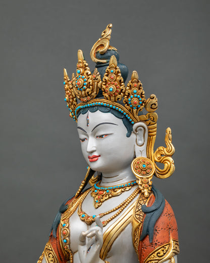Detailed side close-up of Sitatapatra Dukkar statue showing hand-painted robe and gold-gilded copper work