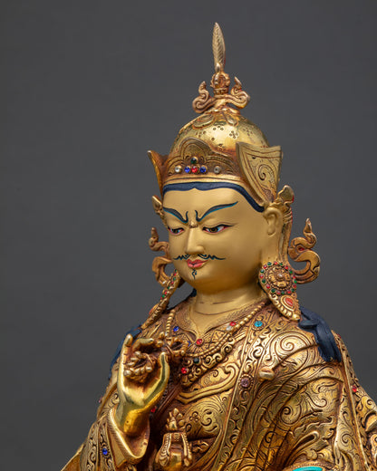 detailed side close up of tsokye dorje statue with intricate robe and ornament work