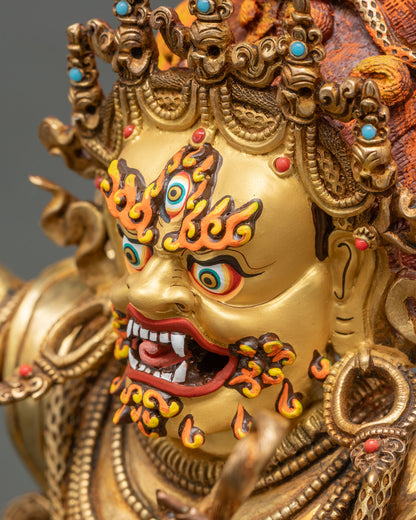 detailed side close up of vajrapani buddha statue highlighting dynamic posture