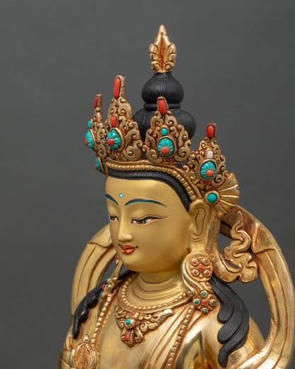 Detailed close up of Vajrasattva Dorje Sempa face, copper and gold fire-gilded craftsmanship