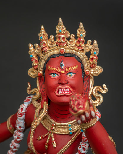 Detailed side close up of Vajrayogini statue showing tantric ornaments and sacred attributes