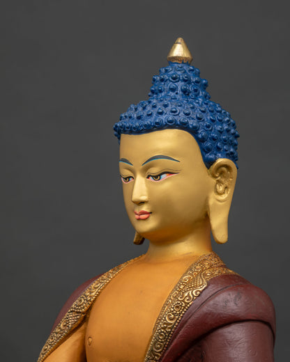 Detailed side close-up of Shakyamuni Buddha statue, copper craftsmanship and lotus base