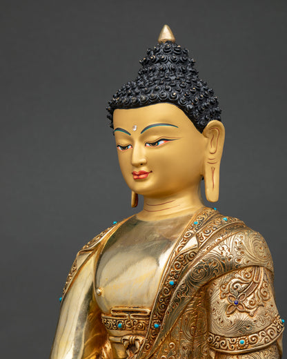 detailed side close up shakyamuni buddha statue intricate 3d carvings gold gilded detail