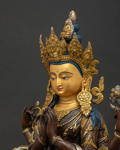 Detailed side close-up showing silver-plated ornaments, oxidized patina, and handcrafted details of Chenrezig sculpture.